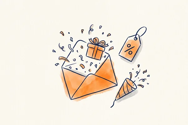 Envelope desenhado à mão transbordando confete, uma caixa de presente e uma etiqueta de preço, ilustrando um email promocional