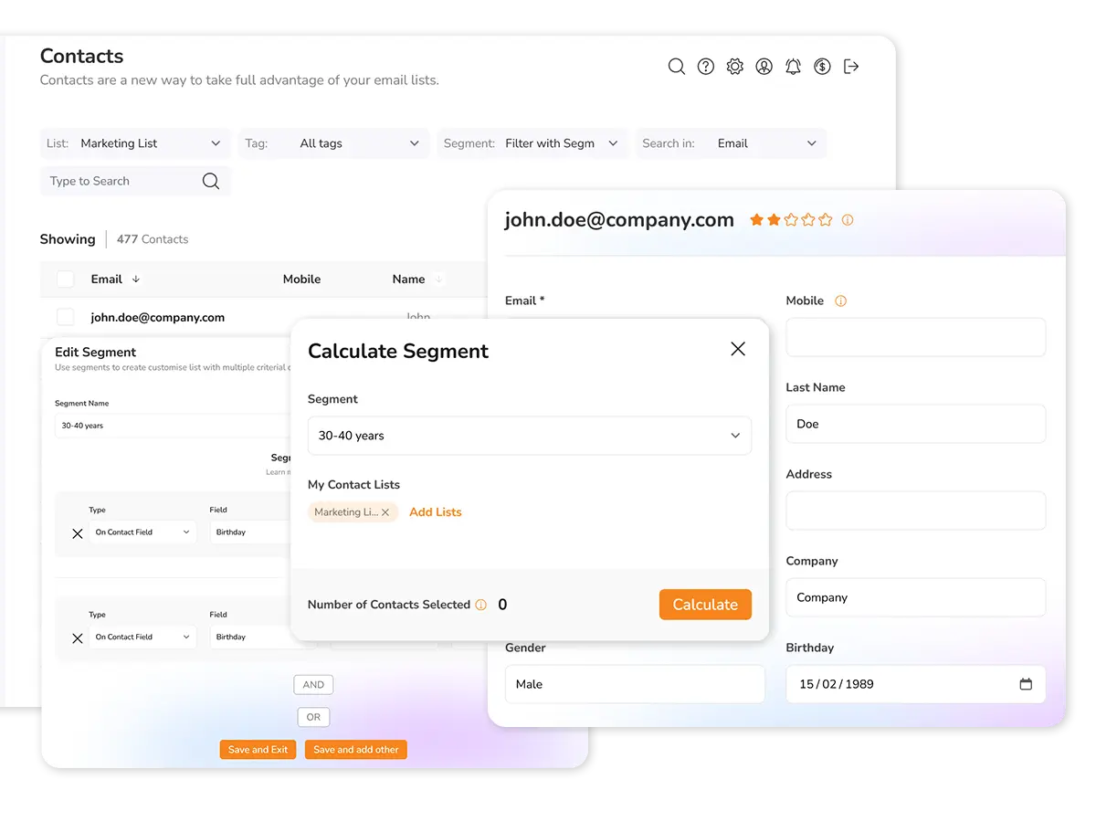 Painel de contatos com tags, segmentos e listas