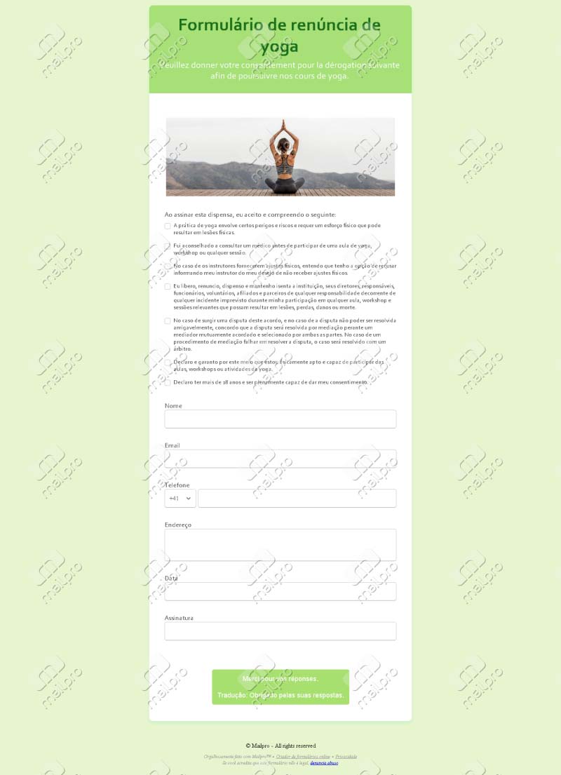 Formulário de Renúncia de Yoga