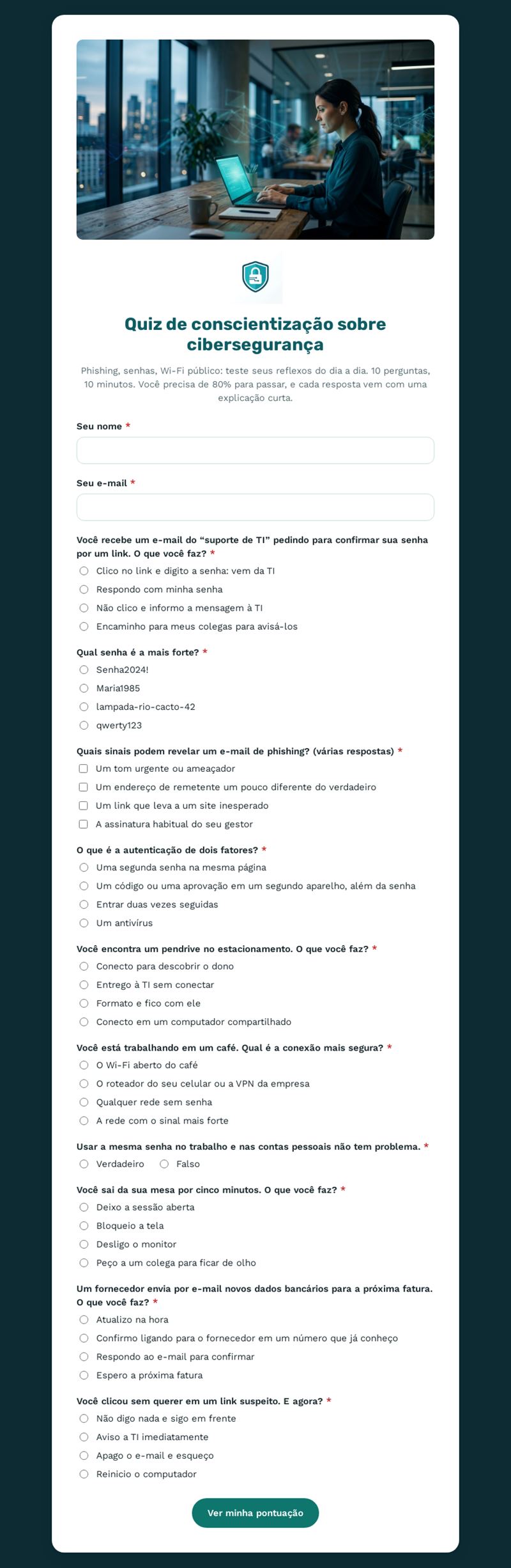 Quiz de conscientização sobre cibersegurança