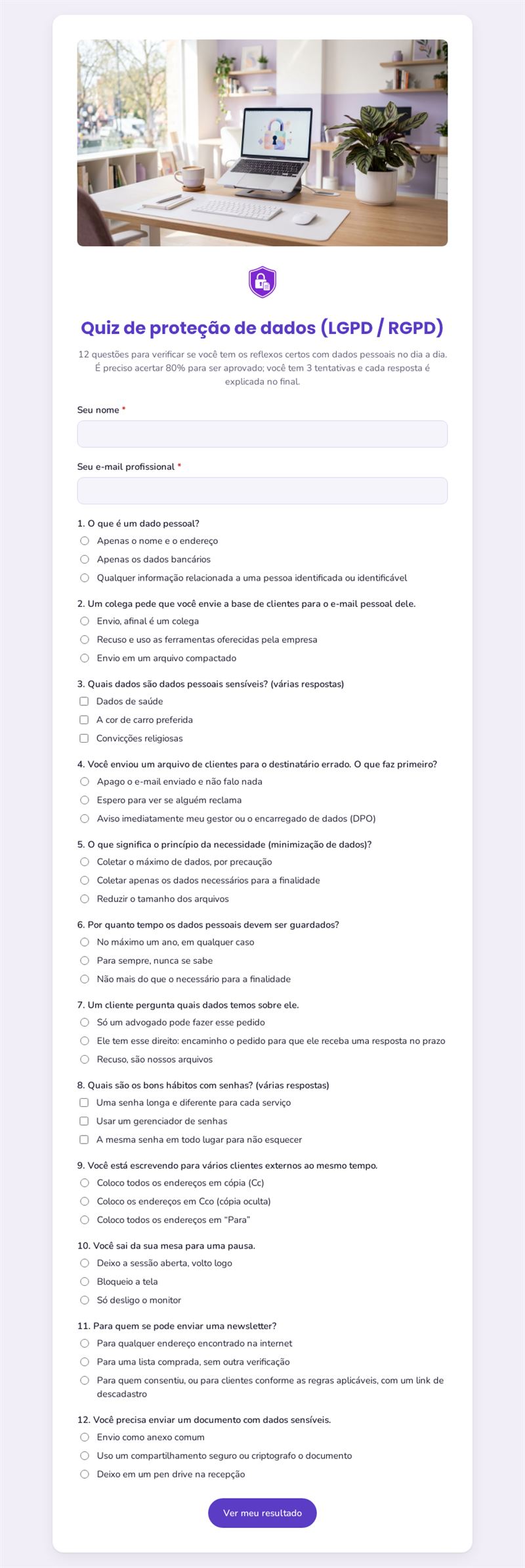 Quiz de proteção de dados (LGPD / RGPD)