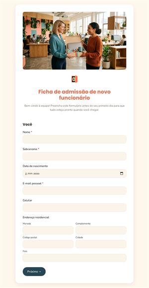 Ficha de admissão de novo funcionário